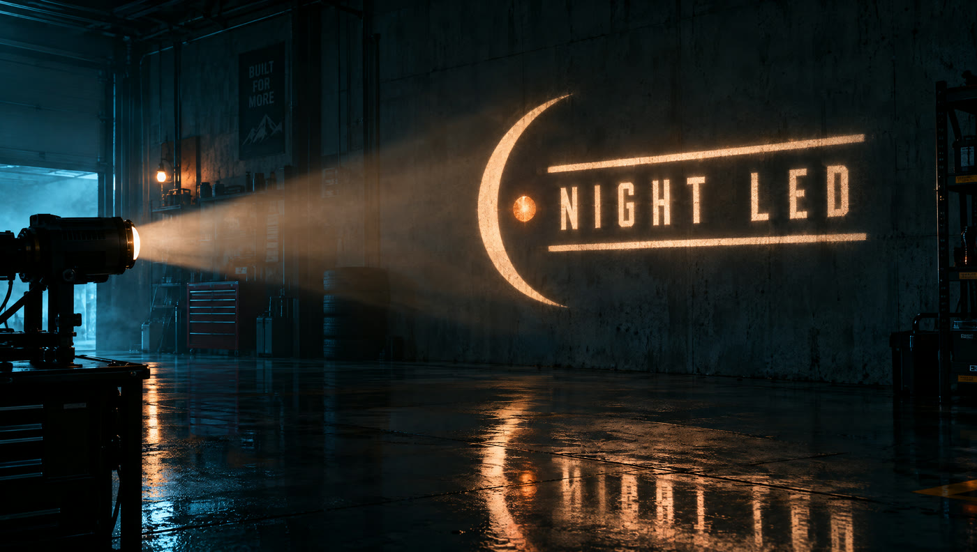 Знак NIGHT LED, спроецированный светом на стену мастерской