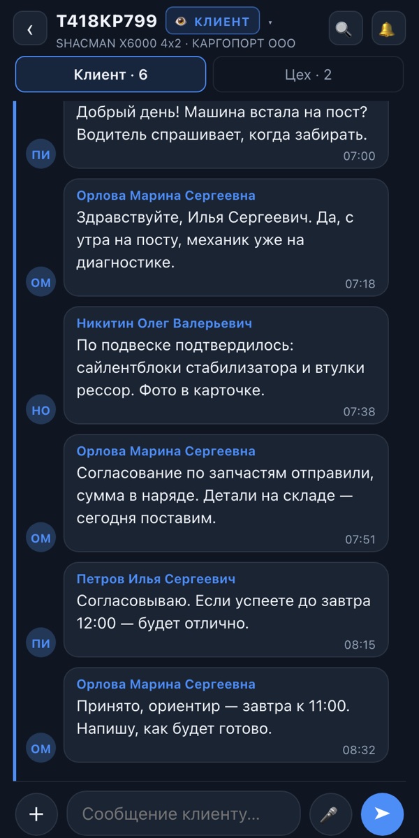 Переписка по машине — демо-данные
