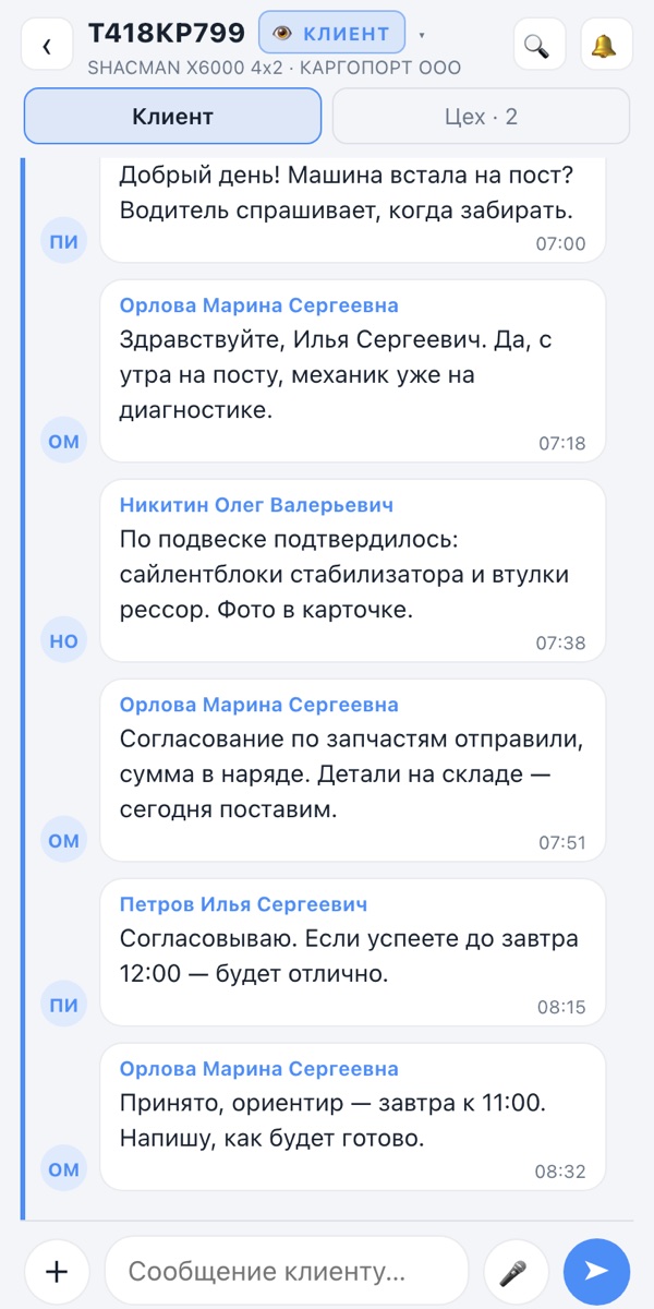 Переписка по машине — демо-данные